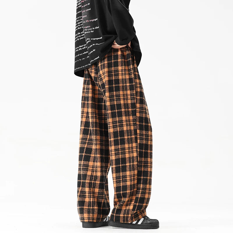 Autumn Thick Pants Men Warm Fashion Retro Plaid Pants Men Streetwear Loose Wide Leg Pants Mens Oversized Vintage Trousers M-3XL voguable