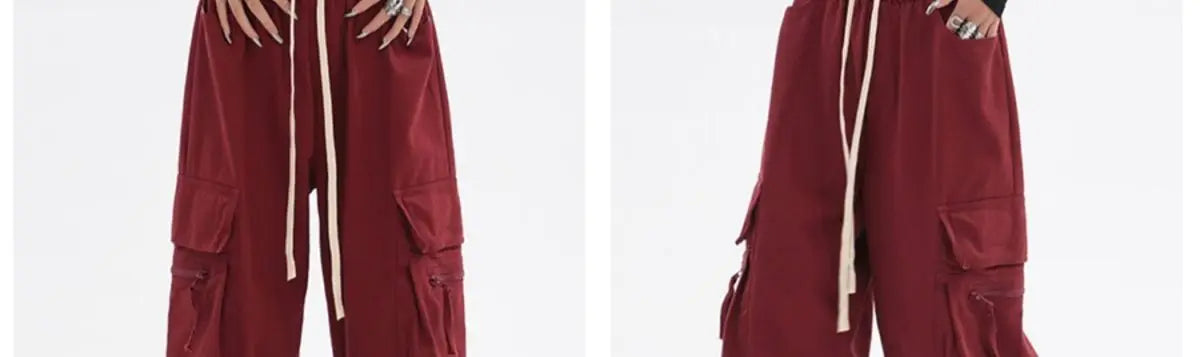 Streetwear Vintage Hip Hop Oversize Red Cargo Pants Women Drawstring Elastic Waist Loose Wide Leg Harajuku Casual Trousers 2023 voguable