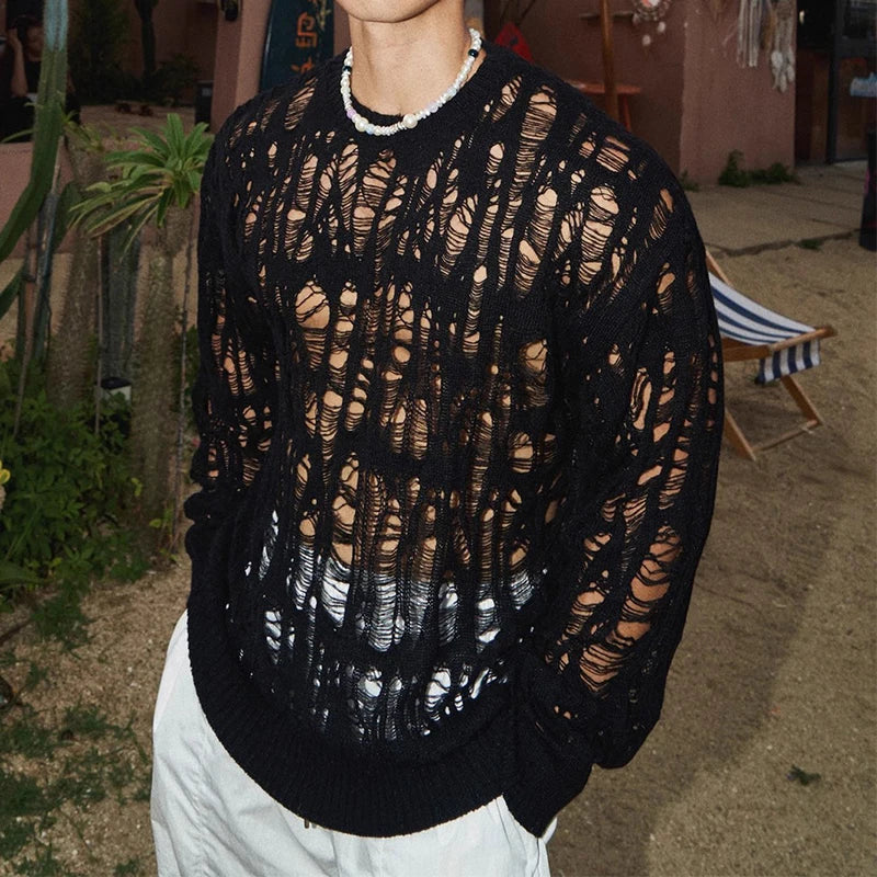 Sexy Hollow Out Mesh Knit T Shirts Men See Through Ripped Crew Neck Pullover Tops For Mens Spring Fashion Knitting T-shirt