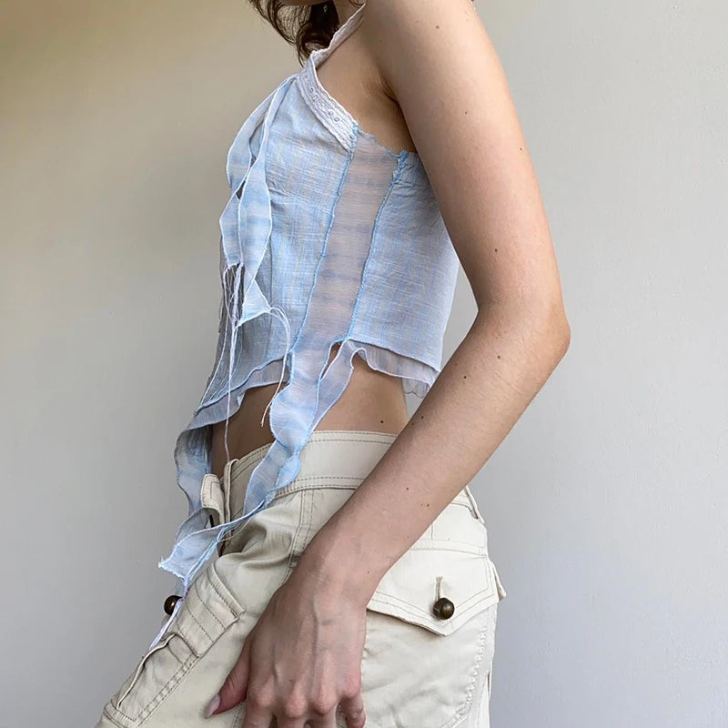 Voguable Kawaii Lace Stitching V-neck Striped Irregular Crop Top Baby Blue Fairy Button-up Sleeveless Top Y2K Japanese Style Top voguable