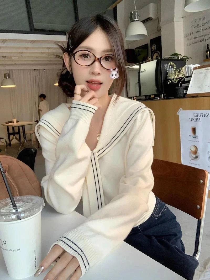 Sweet Sailor Collar Sweaters Women Vintage Preppy Style Fall Knitted Jumpers Casual Long Sleeve Lady Loose Striped Pullover New voguable
