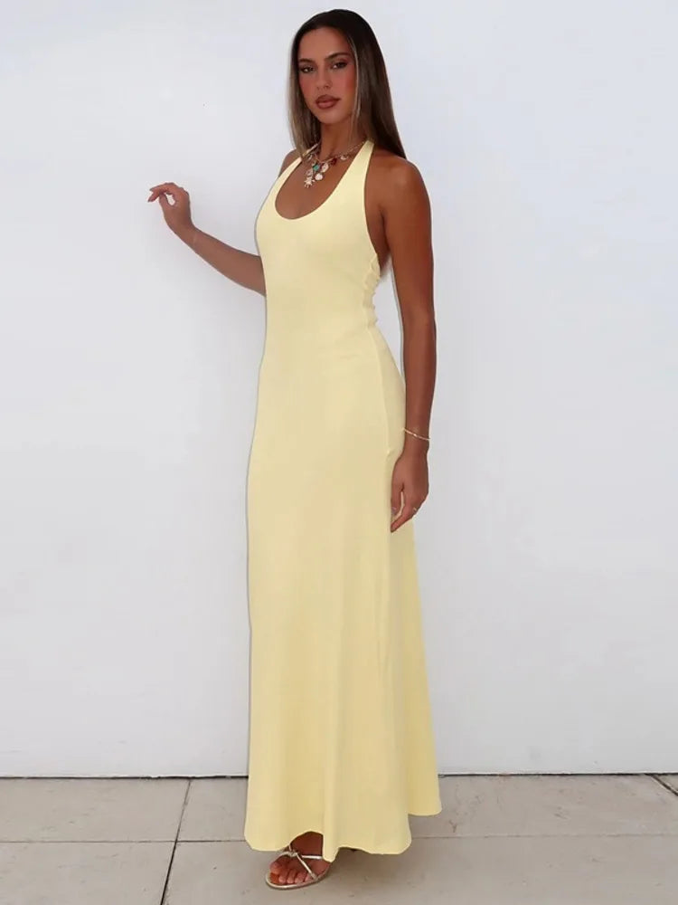 Halter Backless Sexy Maxi Dress Women Gown Summer New Solid U Neck Sleeveless High Waist Long Dress Elegant voguable