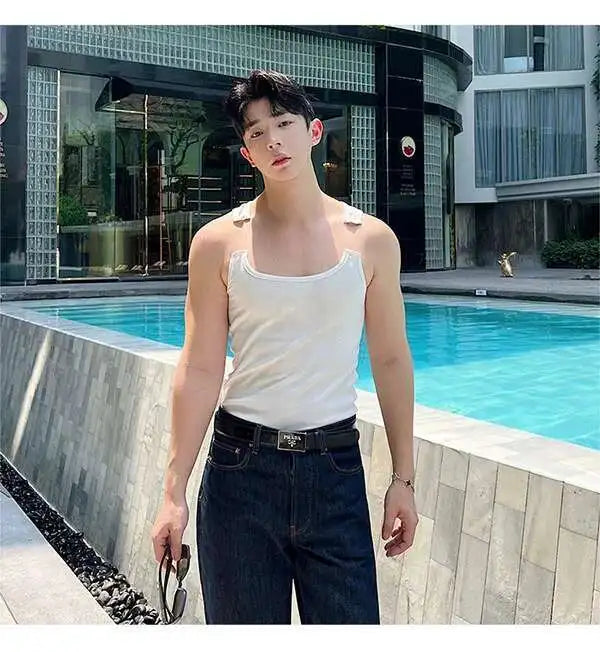 2025 New Fashion Male Vest Patchwork Personality Sleeveless Top Men's Solid Color Slim T-shirt Spring Trendy 9A8204 voguable