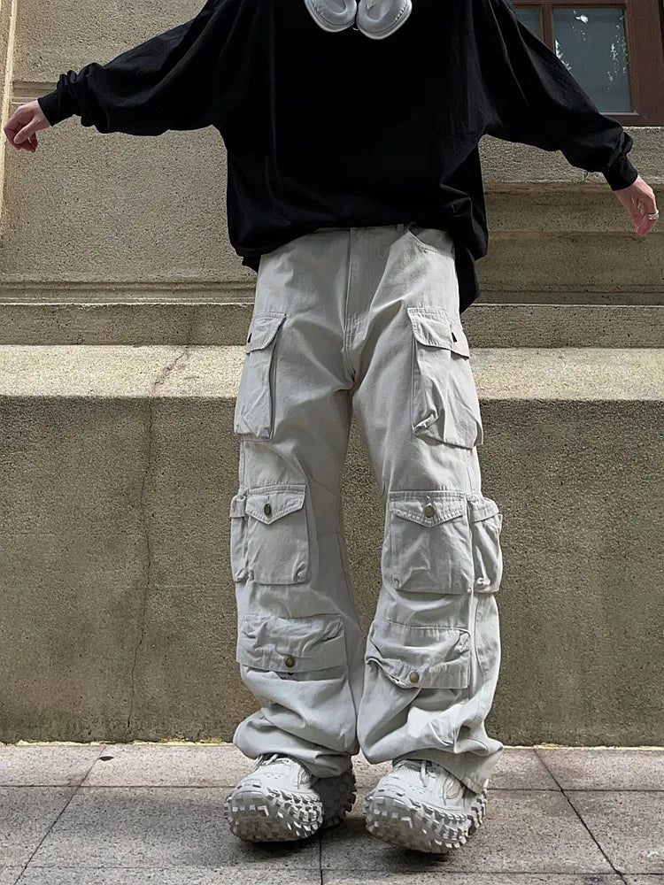 Street Popular White Multi-pocket Overalls Men's Harajuku Style Loose Casual Trousers Straight Mopping Pants Autumn New voguable
