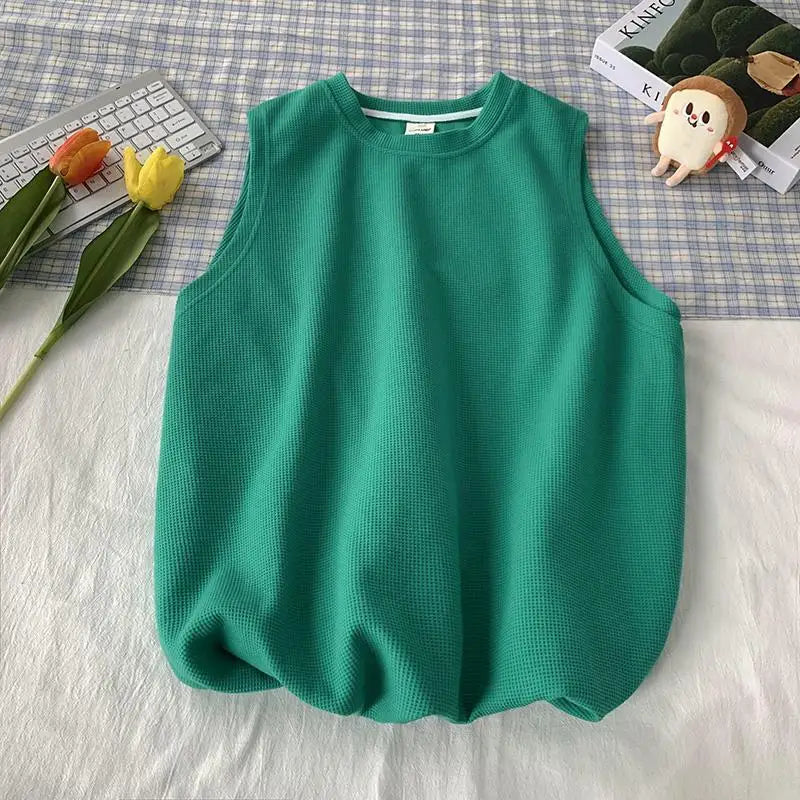 Avocado Green Waffle Vest T-shirt Men's Summer Large Size 300 Catties American Retro Inner Sleeveless Top voguable