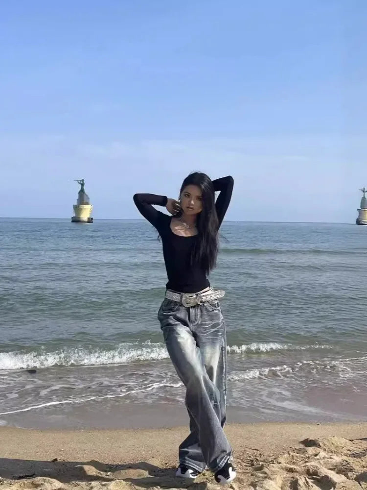 HOUZHOU Y2k Vintage 90s Streetwear High Waist Wide Leg Pants American Retro Grunge Casual HipHop Oversized Baggy Denim Pant 2024 voguable