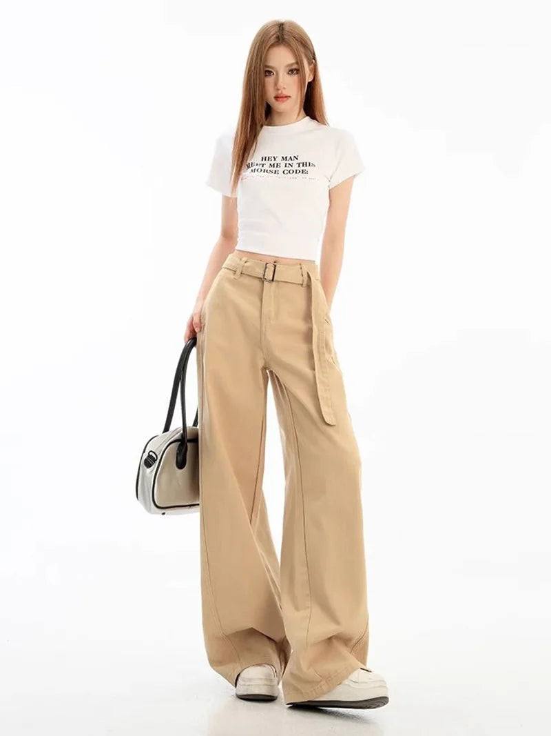 Belt Retro Khaki Jeans Women Y2K High Waist Loose Streetwear Denim Pants Casual American Vintage Autumn Wide Leg Trousers voguable