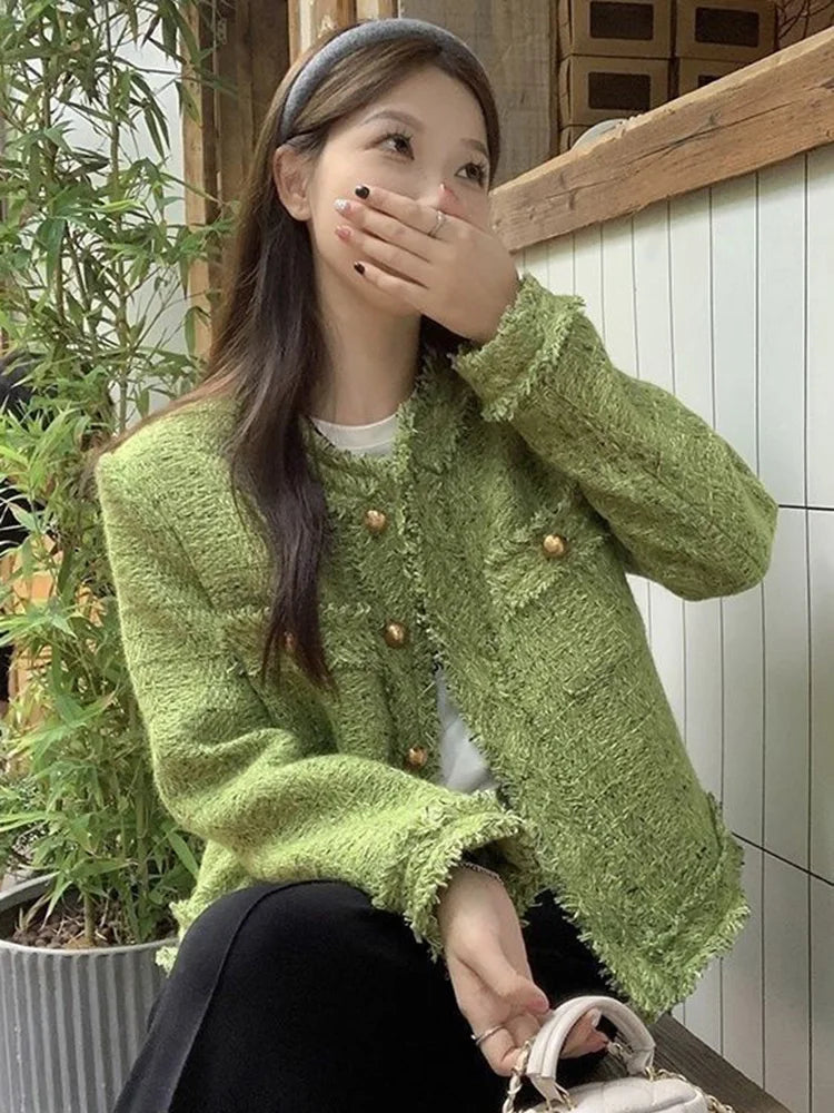 Sweet Green Tweed Jackets Women Vintage Long Sleeve Casual Coat Korean O Neck Fall Winter Retro All Match Elegant Outwear Tops voguable
