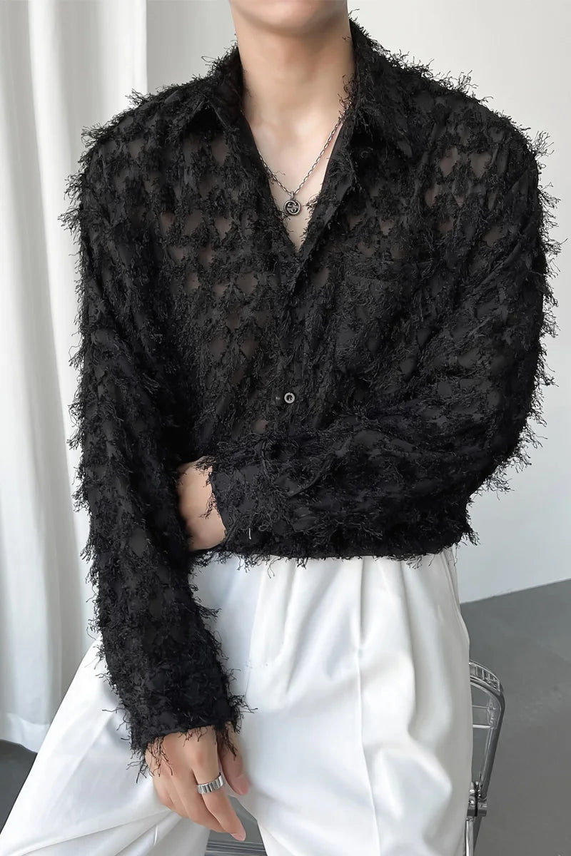 Voguable Sleeve Shirt Spring 2024 Trendy Men's Casual Long Solid Color Elegant Splicing Tassel Niche Design Fashion Tops voguable