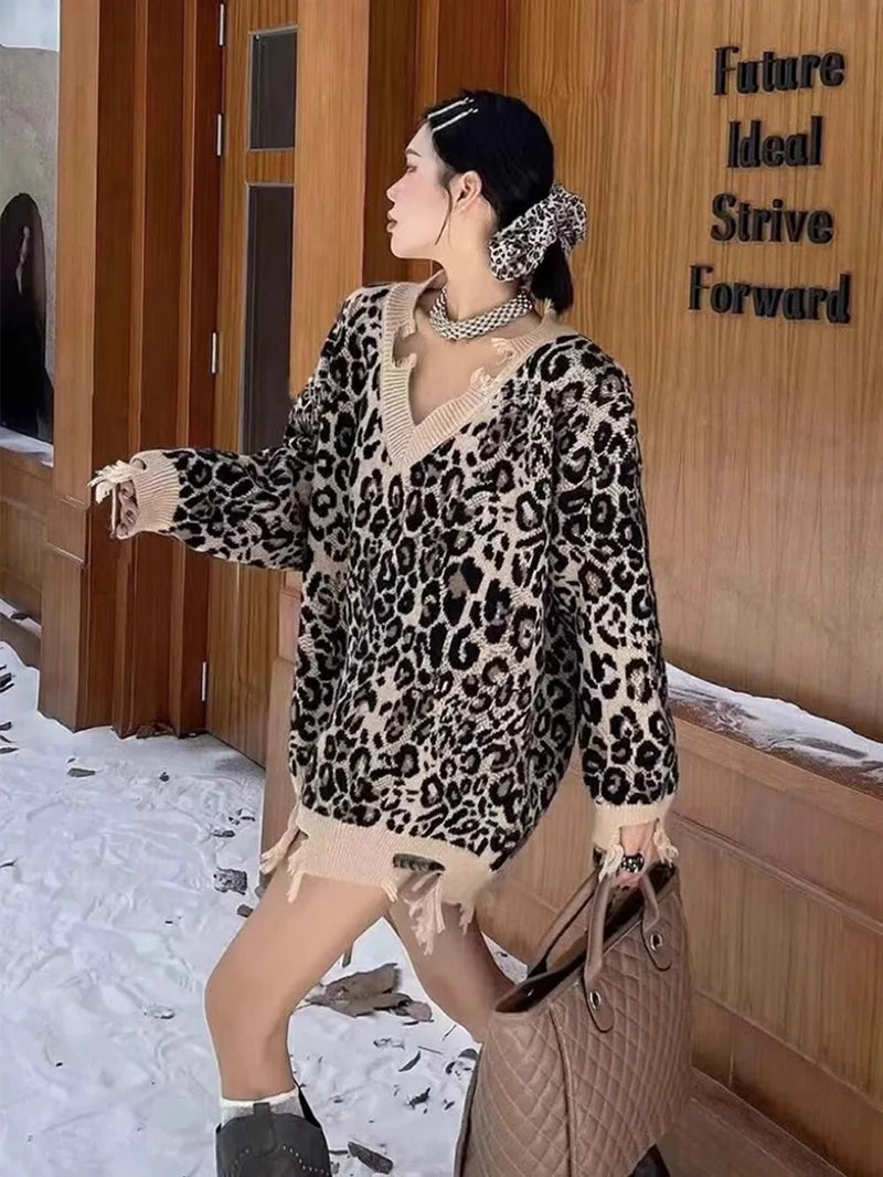 Hip Hop Hole Leopard Sweater Women Loose Streetwear Lazy Wind Y2K Knitted Jumper American Harajuku Vintage Long Sleeve Tops voguable