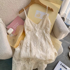 Voguable 2024 Summer Fairy Backless V-Neck Patchwork Lace Suspender Dresses Women's Slim Fit High Waist Chiffon Elegant Mini Dress voguable