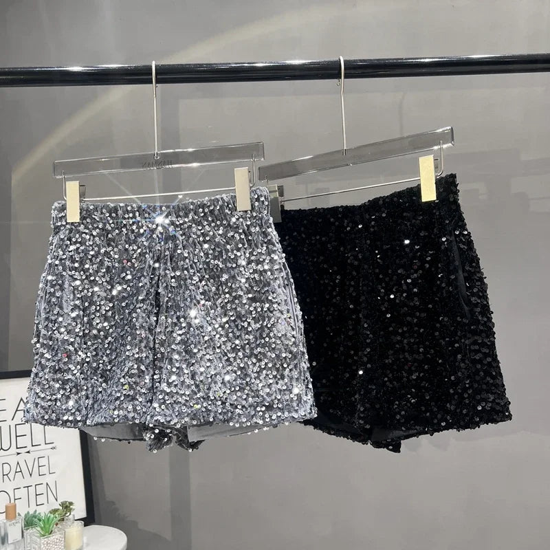 Voguable  Europe and America Sequined Black Shorts Slim Suede Embroidered Beads Grey Casual Pants Women's Hot Pants voguable