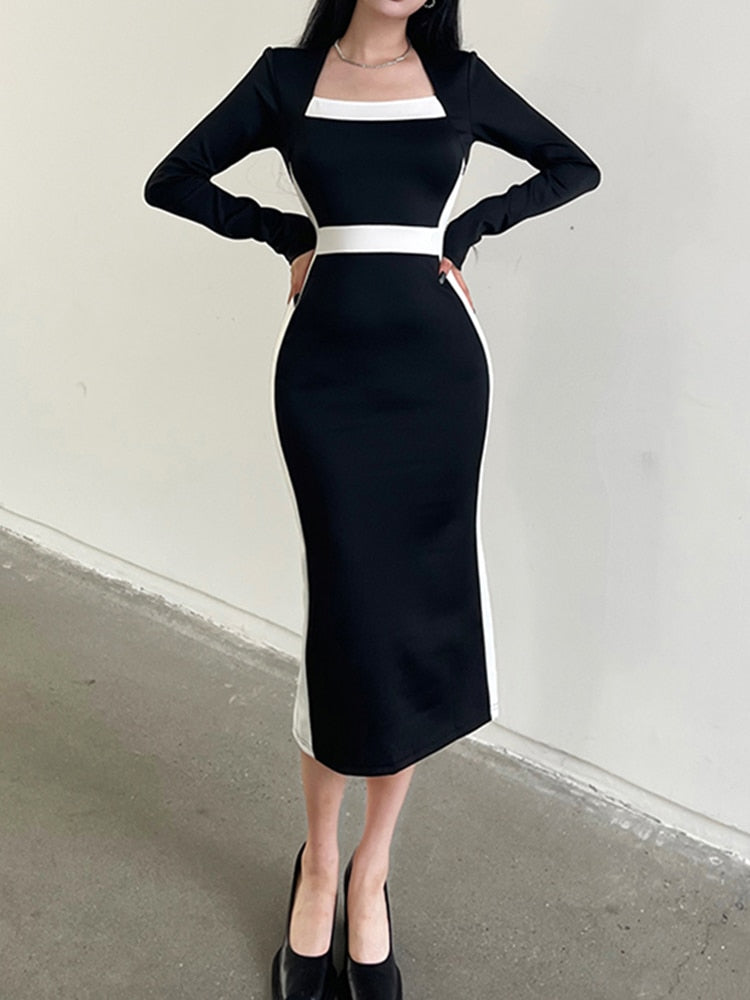 Black Stripe Patchwork Midi-Long-Sleeve Dress mysite