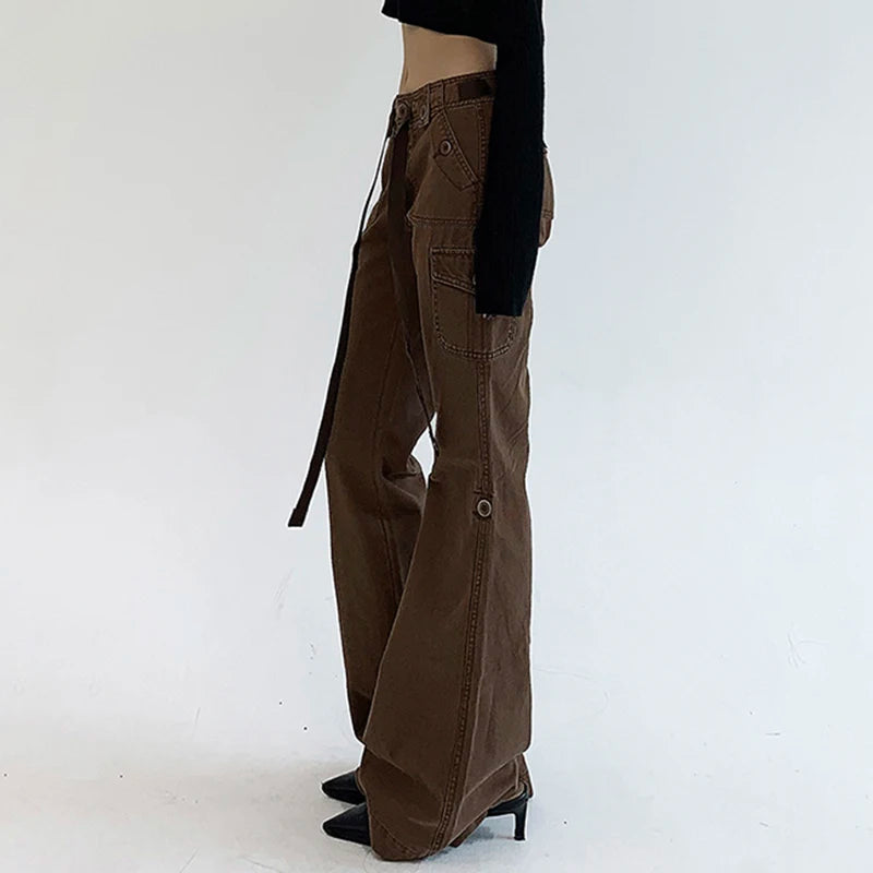 Voguable  Casual Basics Flare Jeans Brown Black All-match Street Style Boot Cut Denim Pants High Waist Vintage Trousers Women Y2K voguable