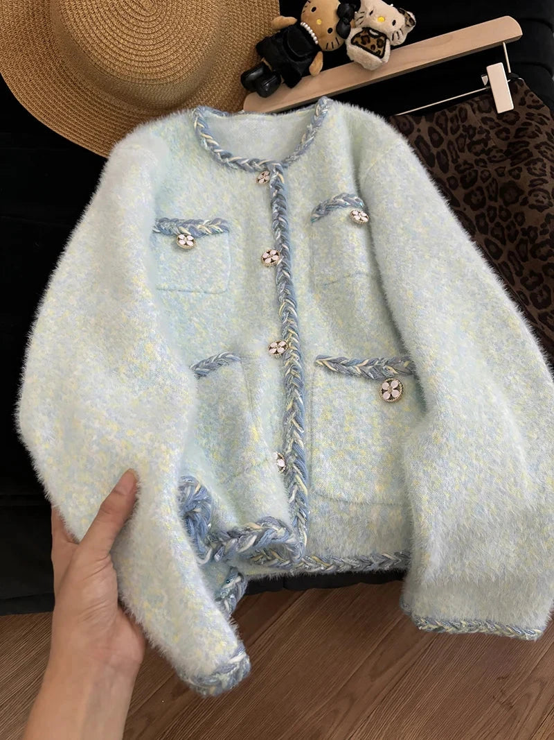 Faux Mink Cashmere Cardigan Coat Women Loose Sweet Long Sleeve Korean Knitted Jacket Sweater Fall Winter O Neck Cute Fashion Top voguable