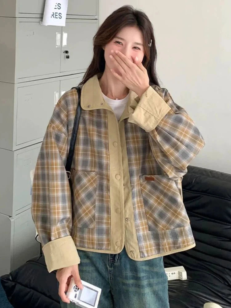Vintage Plaid Cargo Jacket Women Retro Double Sided Wear Preppy Style Sweet Coat Korean Fall Winter Long Sleeve Pockets Top voguable