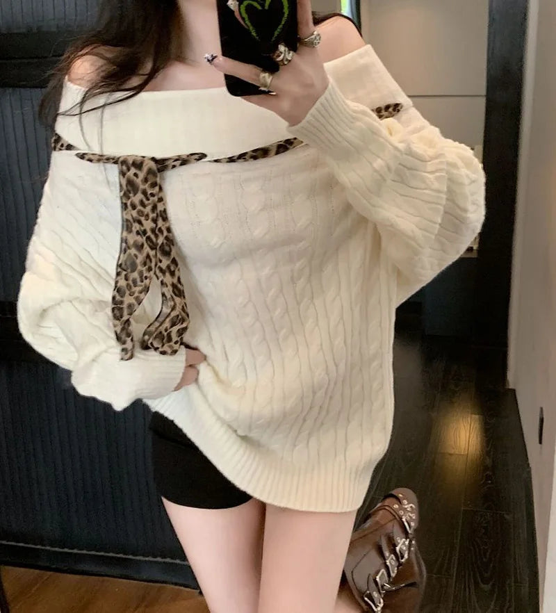 Sexy Off Shoulder Y2K Sweater Women Vintage Leopard Lace Up Knitted Jumper Casual Lazy Wind Long Sleeve Slash Neck Pullover voguable