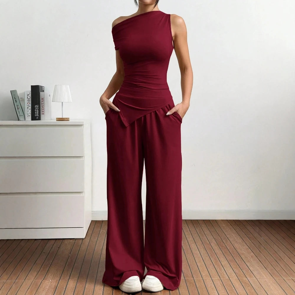 Sets Summer Casual Plain Asymmetrical Short Sleeve One-Shoulder T-Shirts Full Length Wide Leg Pants Sets For Women voguable