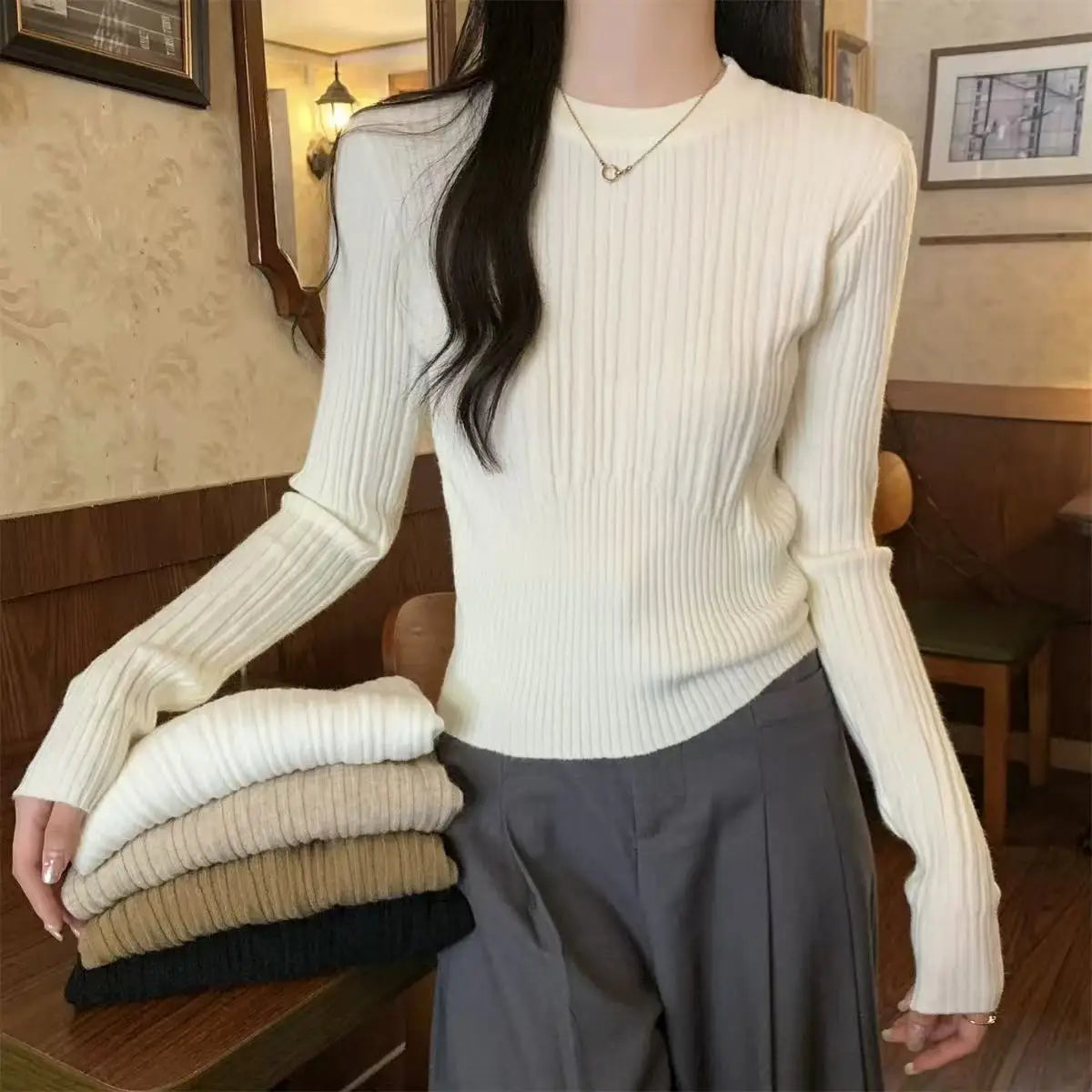 O Neck Knitted Sweater Women Korean Slim Long Sleeve Casual Crop Pullover Autumn Solid Simple All Match Sweater Female New voguable
