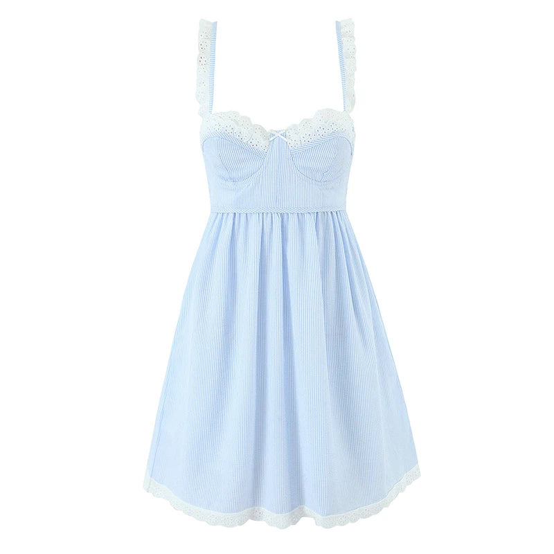 Women Lace Spliced Blue Striped Sling Short Dress Sexy Backless Bandage High Waist A-line Casual Summer Dresses voguable