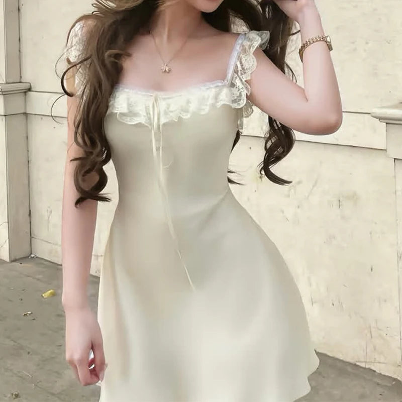 Romantic Girl Lace Spliced Sexy Off Shoulder Dress Women Short Sleeve Slim A-line Mini Dresses Summer Robe voguable