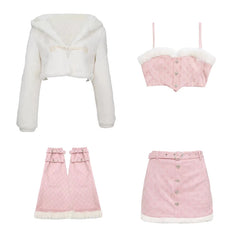 Japanese Pink Kawaii 4 Pieces Set Women Belt Patchwork Elegant Sweet Skirt Suit Female Korean Fashion Party Casual Y2k Set voguable