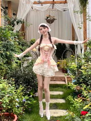 Bow Slash Neck Lace Up Pink Corset Crop Tops White Lace Patchwork Ruffled High Waist Shorts 2 Piece Sets Womens Outifits voguable