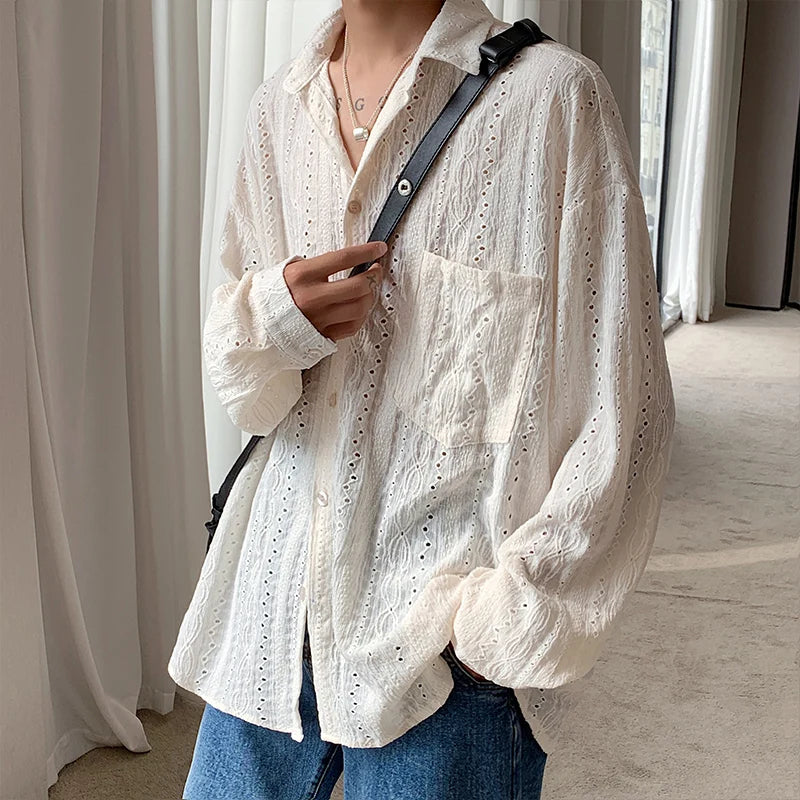 Voguable Shirts for men Apricot Handsome Lapel Men Blouse Vacation Hollow Out Sexy Fashion Men Clothing Male Mesh Long-sleeved Shirts voguable