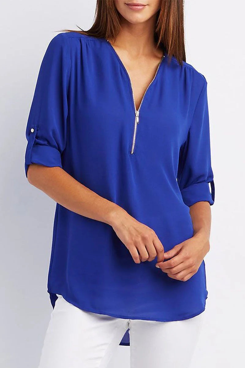 Summer Women Cool Loose Shirt Deep V Neck Chiffon Blouse Casual Ladies Tops Sexy Zipper Pullover Plus Size Long Sleeve Fashion voguable