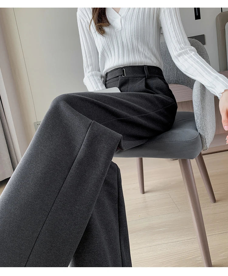 Voguable Winter Thick Loose Casual Female Wide Leg Pants Pure Color Chic Buttons Straight Slim Fashion Women Pants Black Apricot voguable