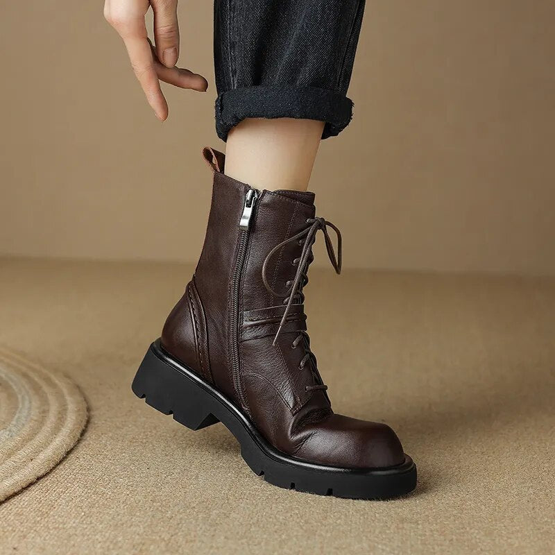 Platform Boots Cross-Tied Women Ankle Boots Side Zipper Leisure Motorcycle Boots Autumn Winter Round Toe Casual Outdoor New voguable