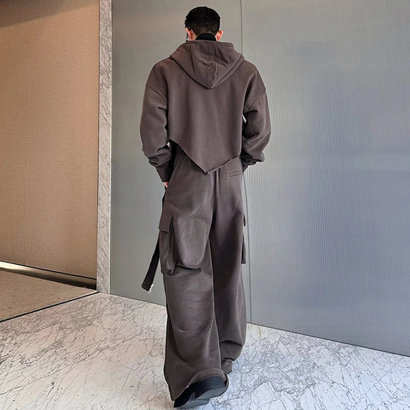 Voguable 2024 Spring Fashion Personality Asymmetric Design High Street Hooded Jacket Baggy Casual Pants Men Two-piece Sets voguable