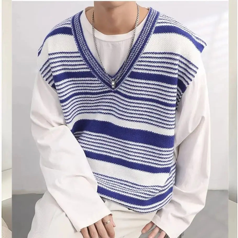 V-neck Striped Knitwear Men's Vest Autumn Pullover Sweater Sleeveless Blue Black voguable