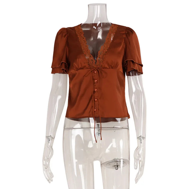 Voguable  Y2K Spicy Girl Street Style Solid Color Lace Splicing Short Women's T-shirt Summer Straightening Slim Fashion Short Sleeve Tops voguable