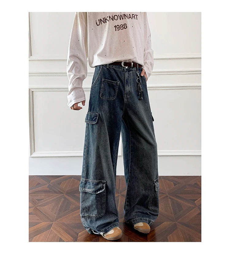 Men Workwear Cargo Jeans New Multi Pocket Loose Straight Leg Baggy Streetwear Denim Pants Urban Casual Trousers 2025 Autumn voguable