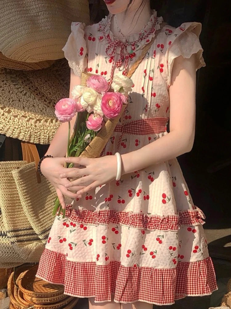 Voguable Summer Print Kawaii Party Mini Dress Women Backless Japanese Sweet Cute Dress Female Lace Korea Princess Lolita Fairy Dress voguable