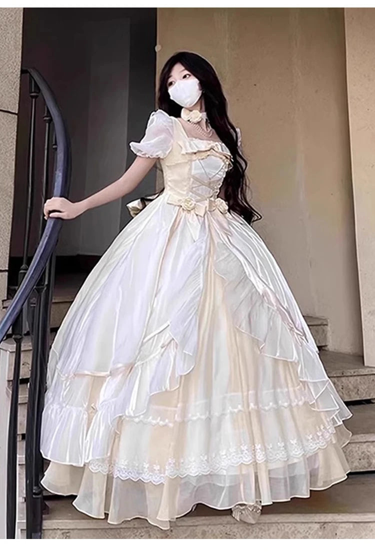 Voguable  Dophee Original Lolita Flower Wedding Evening Dress Women Champagne Color Princess Dress Elegant Short Sleeve Bride's Dress voguable