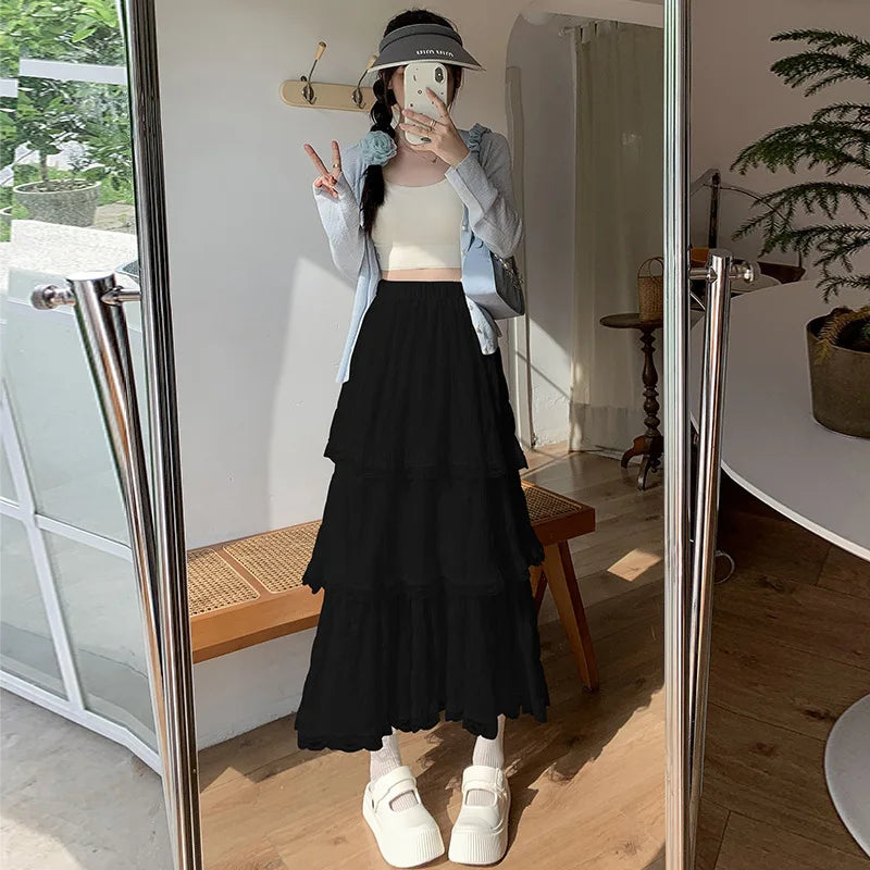 Voguable  Sweet Lace Ruffles Long Skirt Women Summer Cute Puff Cake A Line Skirt Woman Korean Style High Waist White Chiffon Tulle Skirt voguable