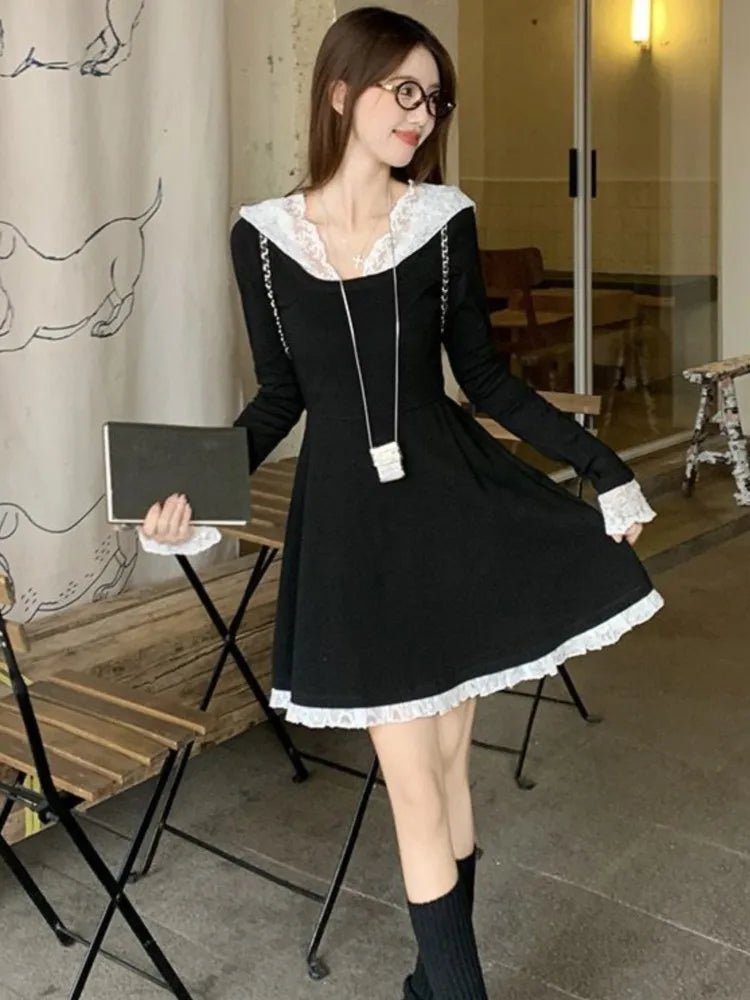 Women's French Lace Patchwork Y2K Dress Hooded Long Sleeves Slim Waist A-Line Short Skirt 2025 New Spring Summer Chic Vestidos voguable