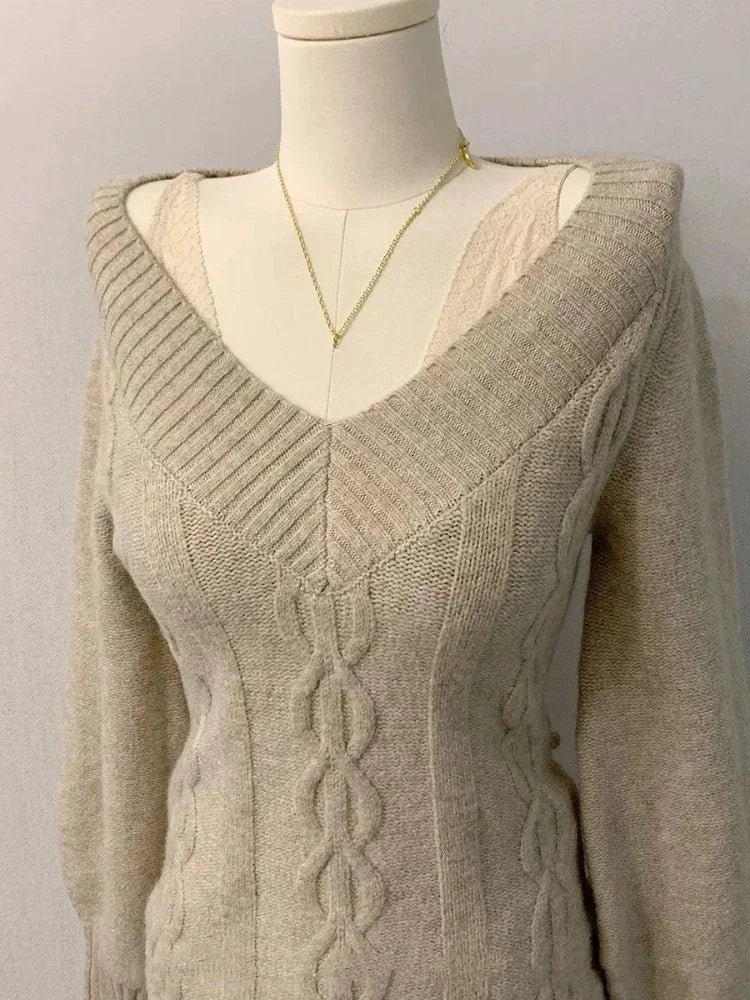 Sexy Elegant V-neck Knitted Pullover Women Black Y2k Fashion Long Sleeve Sweaters Simple Casual Slim Aesthetics Tops voguable