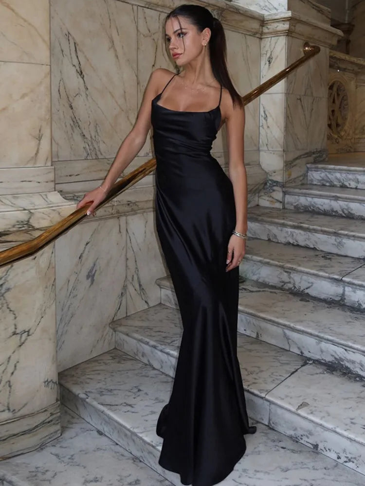 Spaghetti Strap Backless Sexy Maxi Dress Women Gown Black Satin Slipdress Sleeveless High Waist Club Party Long Dress voguable