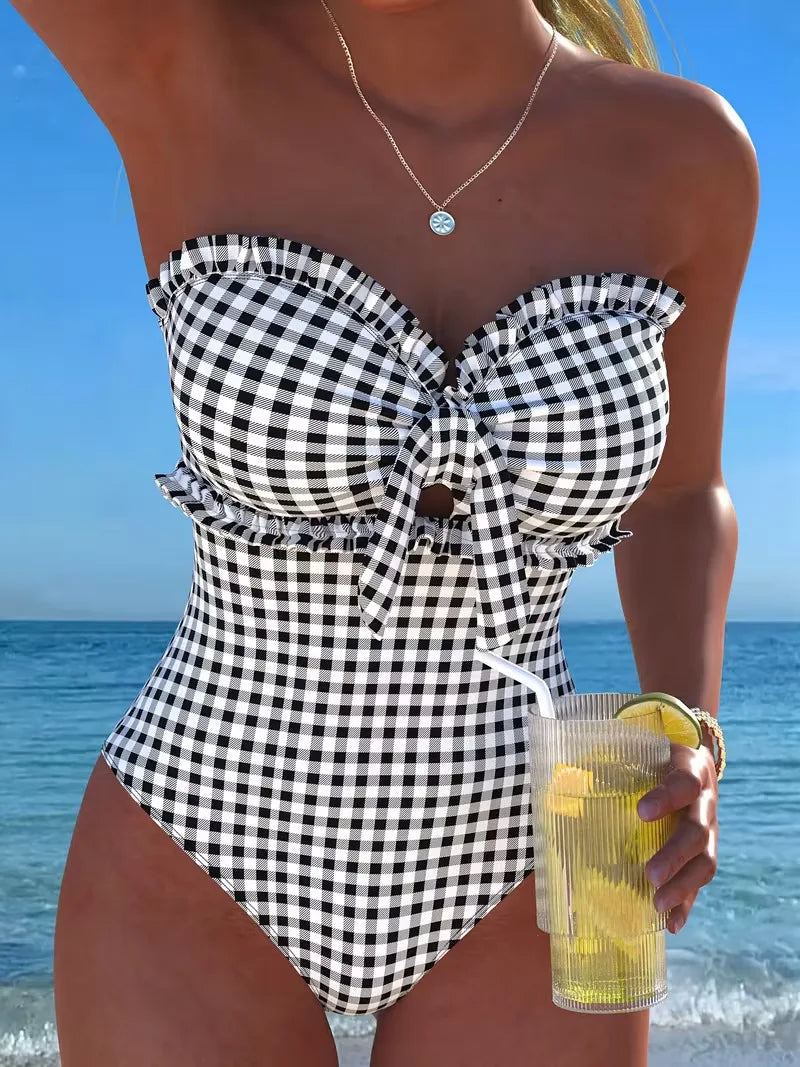 Voguable  Strappy Swimsuit One Piece Sexy Striped Ruffle Swimwear Women Bathers Bathing Swimming Swim Suit Padded Beachwear Summer voguable