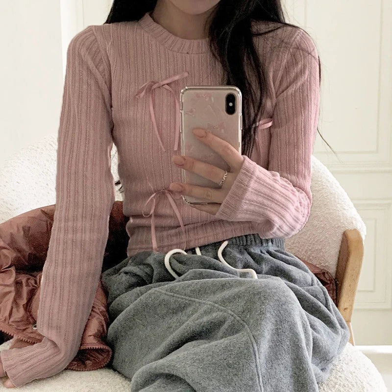Voguable Sweet Multi Bows Knitted Top Pink White Casual Basics Slim-fit Tops Autumn Spring Korean Style Kawaii Knitwear Autumn voguable