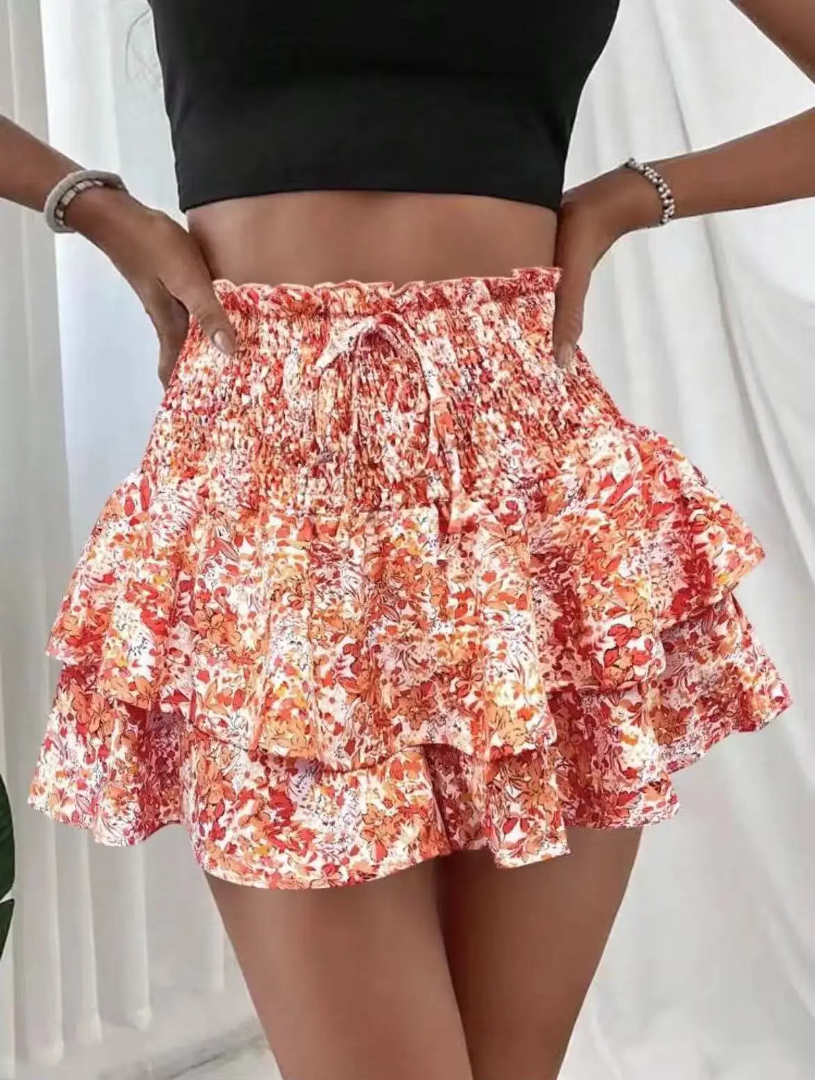 Voguable  Fashion Florals Mini Skirt for Women Summer Casual Waist Shaping Ruffled Hem Short Skirt Woman Drawstring Wide Leg Half Skirts voguable