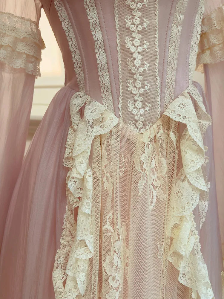 New Peter Pan Collar Women Butterfly Sleeve Dresses 2025 Spring Fashion Lace Patchwork Bow Embroidery Dress Female voguable