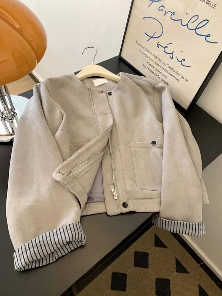 Women Faux Suede Y2K Jacket American Retro O Neck Long Sleeve Casual Coat Retro Casual Harajuku Streetwear Fall Winter Tops voguable