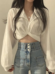 Voguable  Harajuku Women Blouse Fashion Streetwear Sexy Ladies Blouse White Summer Sexy Bow Tie Crop Top Korean Tunic Bandage shirt voguable