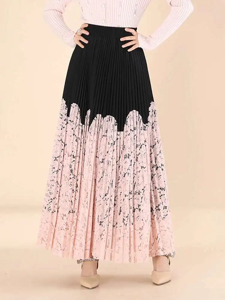 Lace Spliced Printing Pleated Skirts For Women High Waist Loose Causal Colorblock Skirt Female Fashion New Clothes voguable