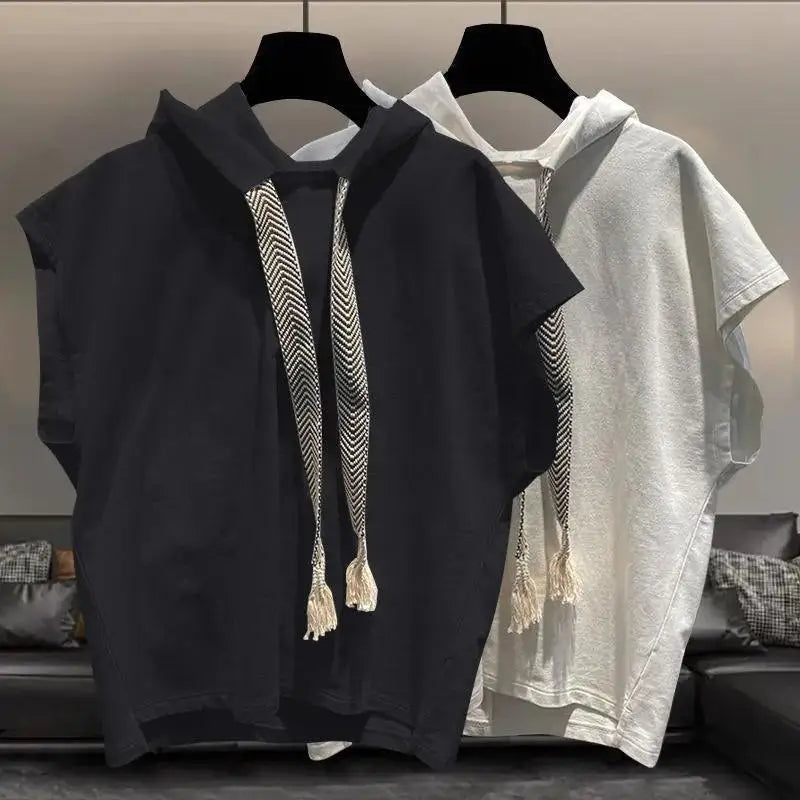 Voguable  Hooded Sleeveless T-shirt Men's Summer New Plus Size Solid Color Loose All-match Vest Tops Street Casual Fashion Men Clothing voguable