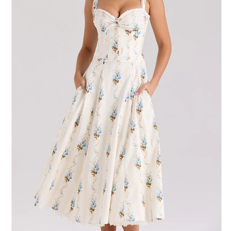 New Fashion Women Floral Print A-line Midi Elegant Party Dresses Sexy Wide Straps Lace Spliced Holiday Summer Dress voguable